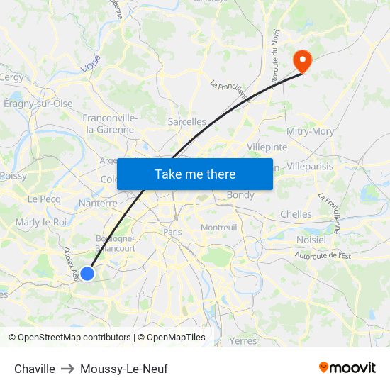 Chaville to Moussy-Le-Neuf map