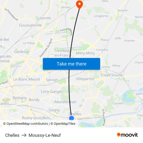 Chelles to Moussy-Le-Neuf map