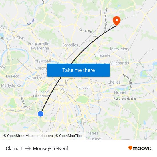 Clamart to Moussy-Le-Neuf map