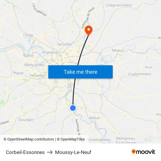 Corbeil-Essonnes to Moussy-Le-Neuf map