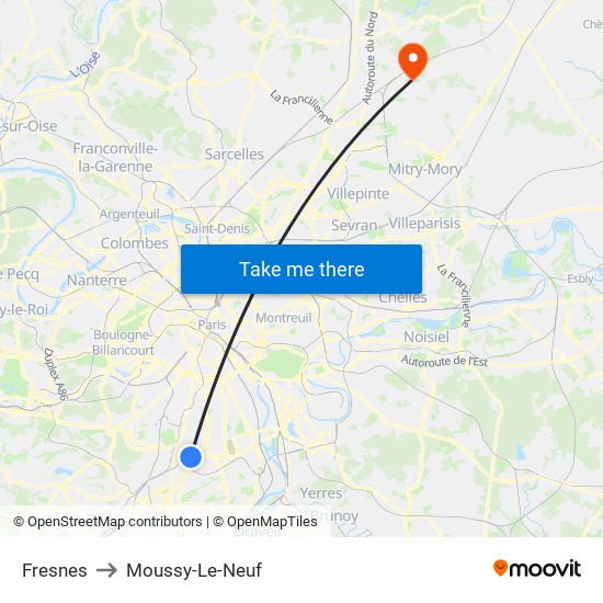 Fresnes to Moussy-Le-Neuf map
