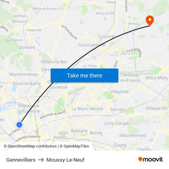 Gennevilliers to Moussy-Le-Neuf map