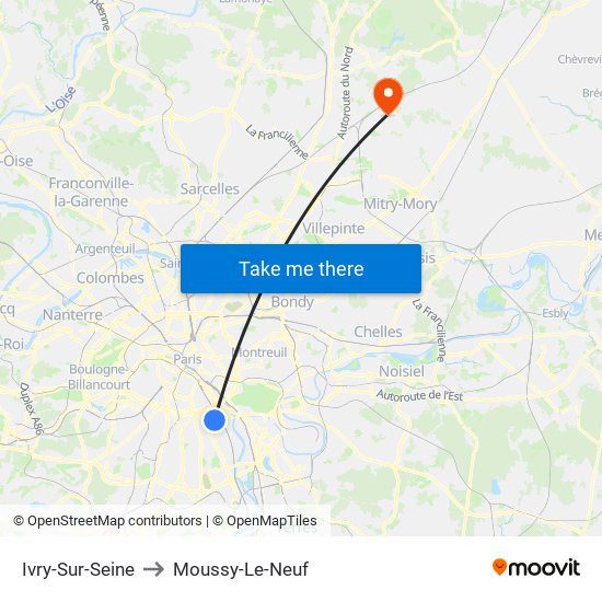 Ivry-Sur-Seine to Moussy-Le-Neuf map