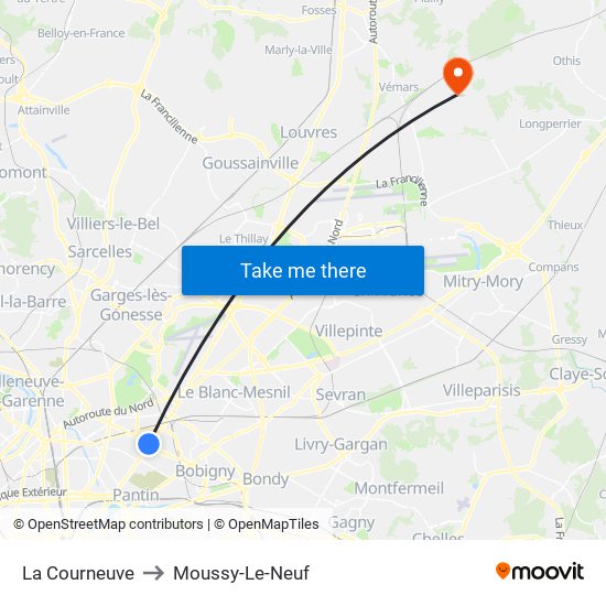 La Courneuve to Moussy-Le-Neuf map