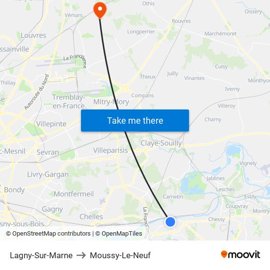 Lagny-Sur-Marne to Moussy-Le-Neuf map