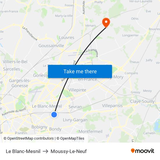Le Blanc-Mesnil to Moussy-Le-Neuf map