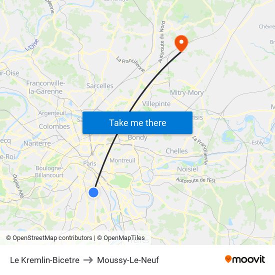 Le Kremlin-Bicetre to Moussy-Le-Neuf map
