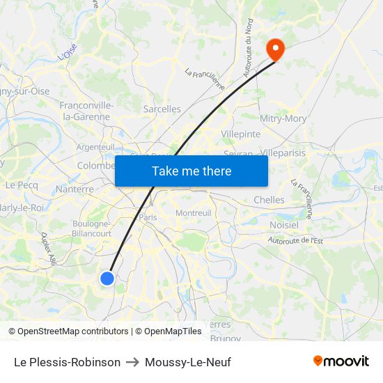 Le Plessis-Robinson to Moussy-Le-Neuf map