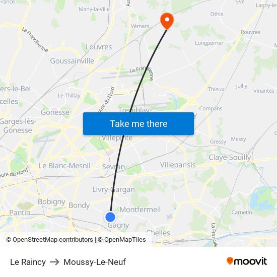 Le Raincy to Moussy-Le-Neuf map