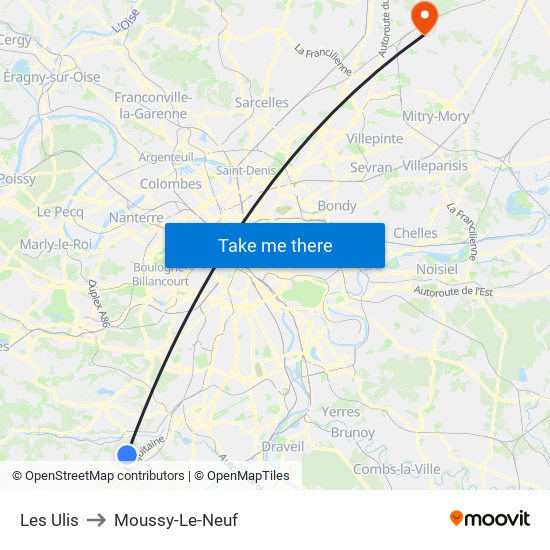 Les Ulis to Moussy-Le-Neuf map