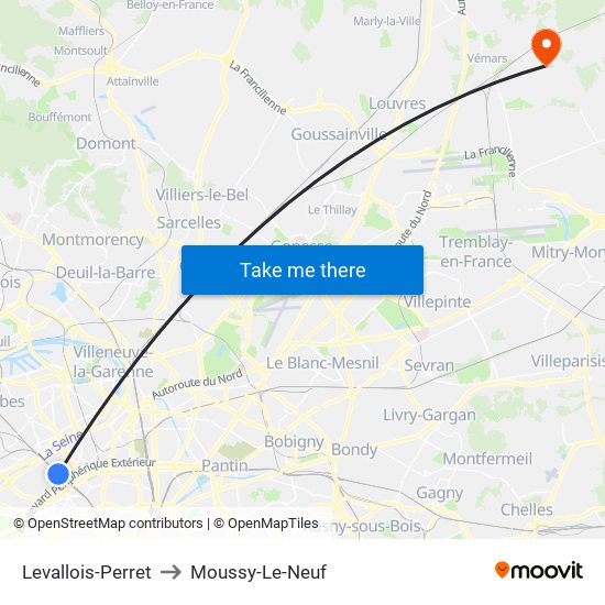 Levallois-Perret to Moussy-Le-Neuf map