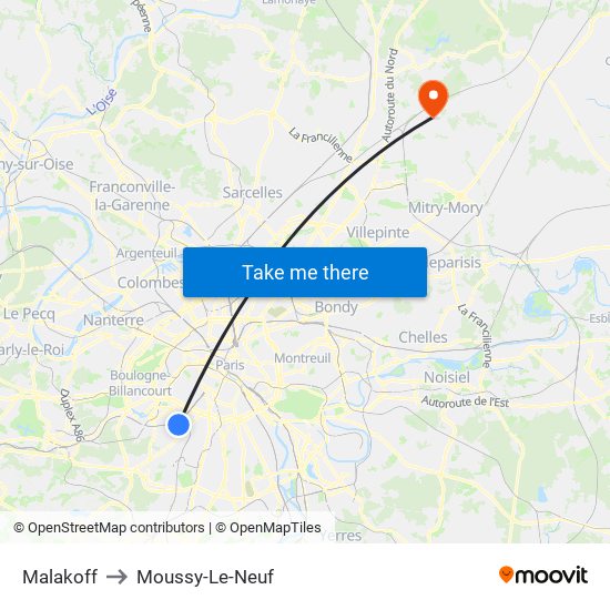 Malakoff to Moussy-Le-Neuf map
