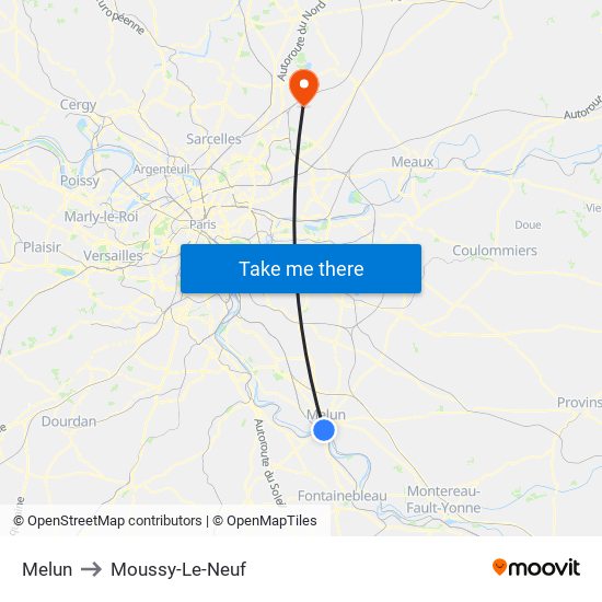 Melun to Moussy-Le-Neuf map