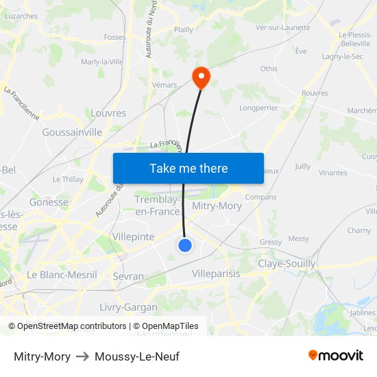 Mitry-Mory to Moussy-Le-Neuf map