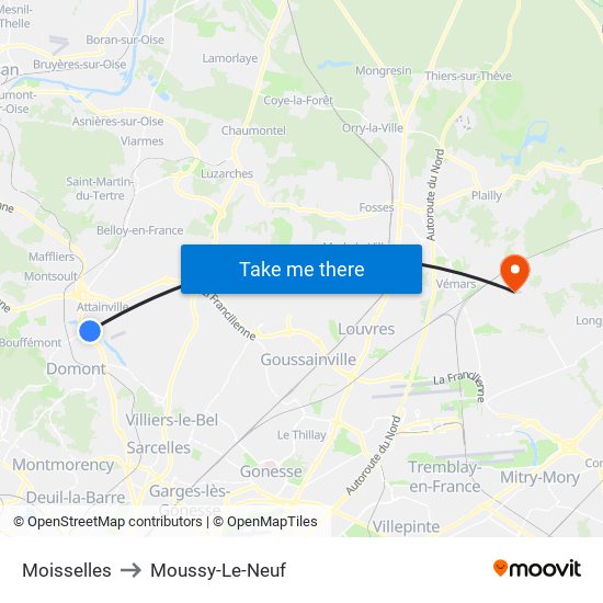 Moisselles to Moussy-Le-Neuf map