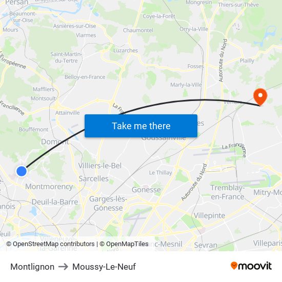 Montlignon to Moussy-Le-Neuf map