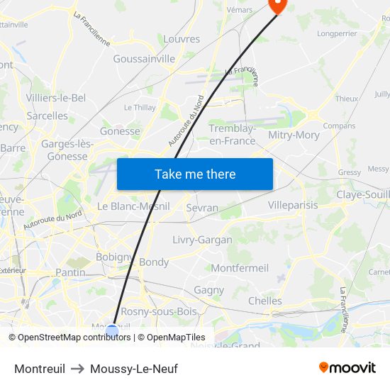 Montreuil to Moussy-Le-Neuf map