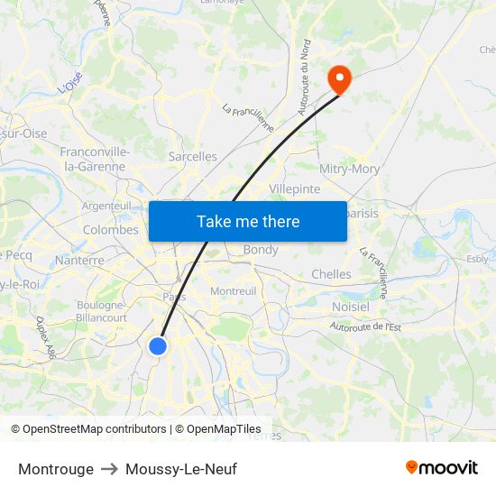 Montrouge to Moussy-Le-Neuf map