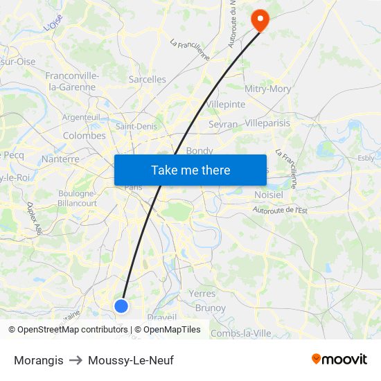 Morangis to Moussy-Le-Neuf map