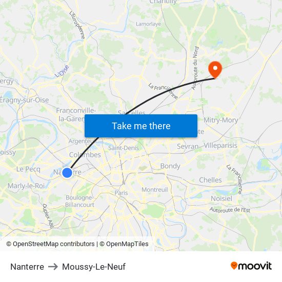 Nanterre to Moussy-Le-Neuf map