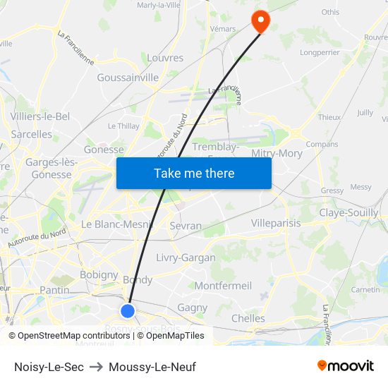 Noisy-Le-Sec to Moussy-Le-Neuf map