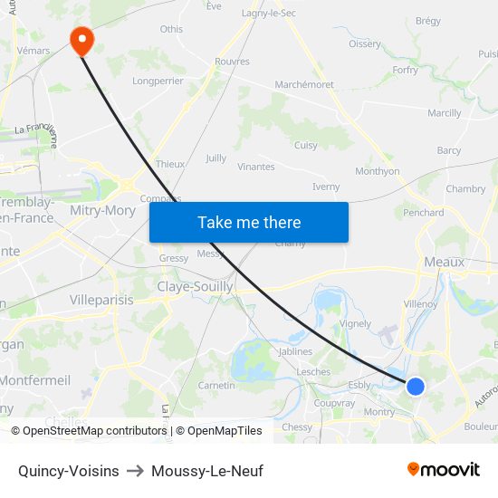 Quincy-Voisins to Moussy-Le-Neuf map