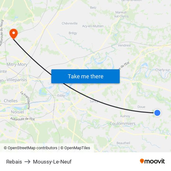 Rebais to Moussy-Le-Neuf map