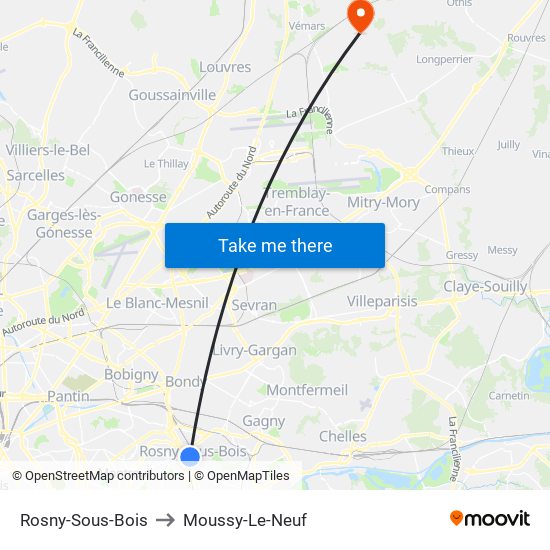 Rosny-Sous-Bois to Moussy-Le-Neuf map