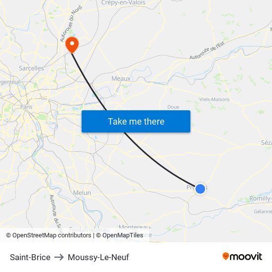 Saint-Brice to Moussy-Le-Neuf map