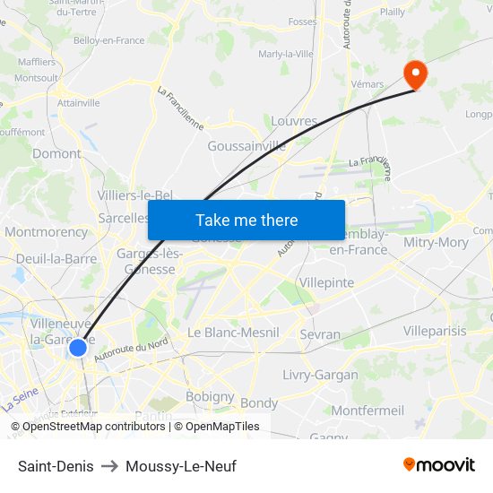 Saint-Denis to Moussy-Le-Neuf map