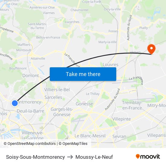 Soisy-Sous-Montmorency to Moussy-Le-Neuf map