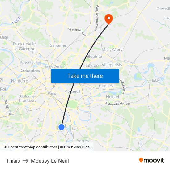 Thiais to Moussy-Le-Neuf map