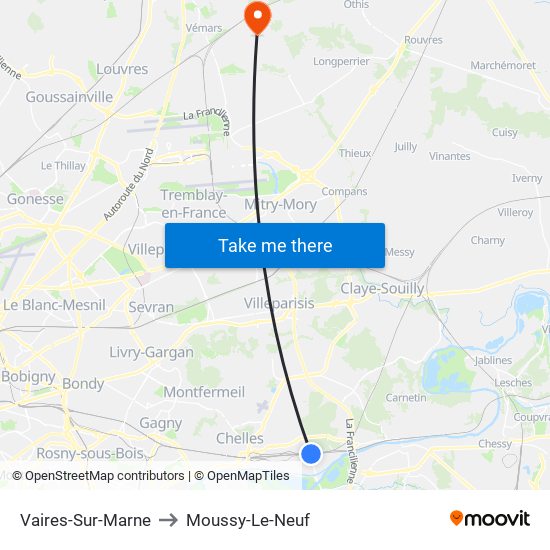 Vaires-Sur-Marne to Moussy-Le-Neuf map