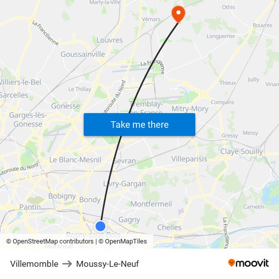 Villemomble to Moussy-Le-Neuf map