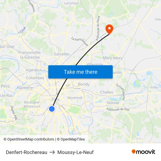 Denfert-Rochereau to Moussy-Le-Neuf map