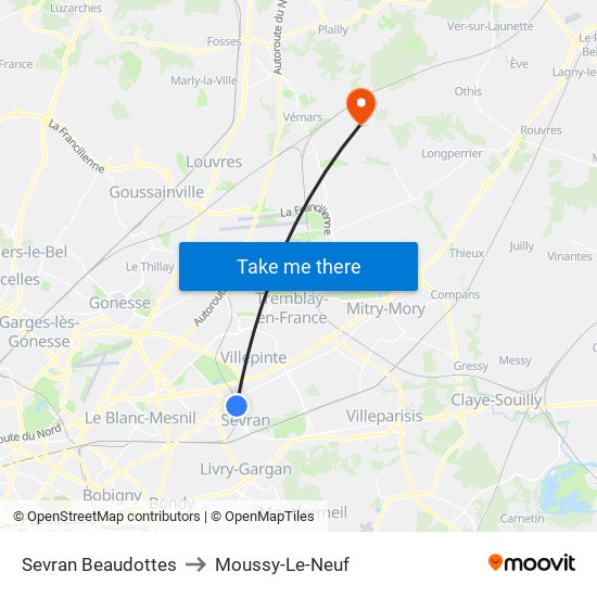 Sevran Beaudottes to Moussy-Le-Neuf map