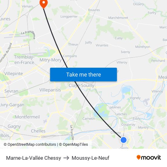 Marne-La-Vallée Chessy to Moussy-Le-Neuf map