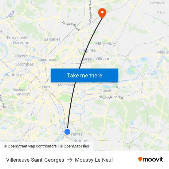 Villeneuve-Saint-Georges to Moussy-Le-Neuf map