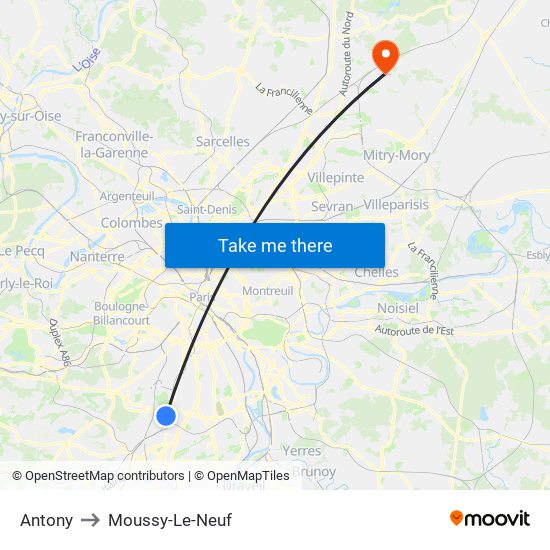 Antony to Moussy-Le-Neuf map