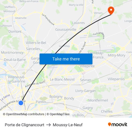 Porte de Clignancourt to Moussy-Le-Neuf map
