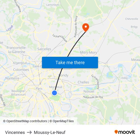 Vincennes to Moussy-Le-Neuf map