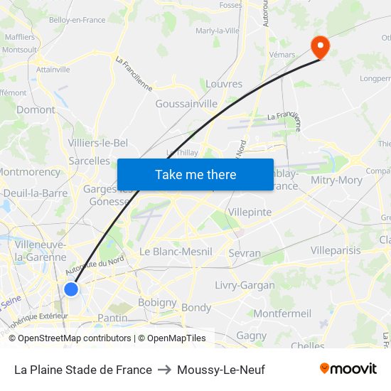 La Plaine Stade de France to Moussy-Le-Neuf map