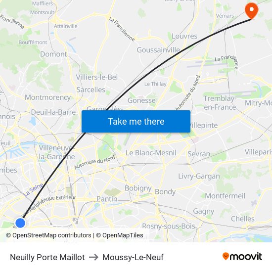 Neuilly Porte Maillot to Moussy-Le-Neuf map