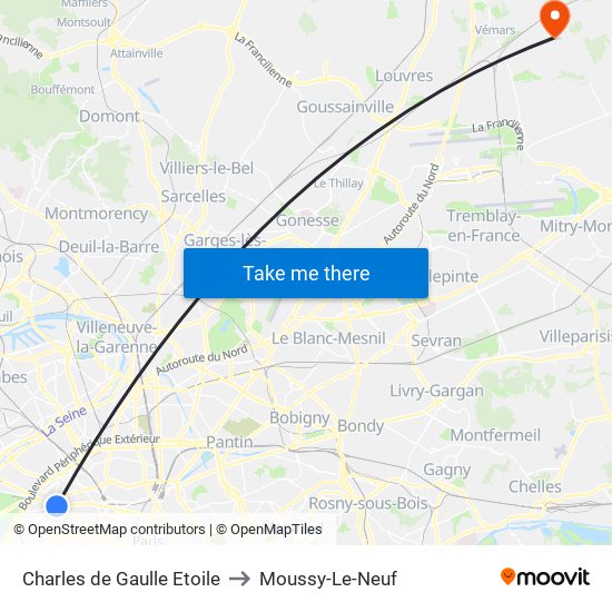 Charles de Gaulle Etoile to Moussy-Le-Neuf map