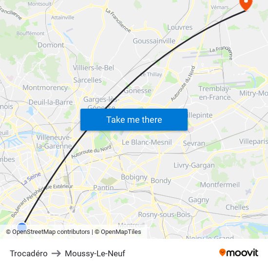 Trocadéro to Moussy-Le-Neuf map