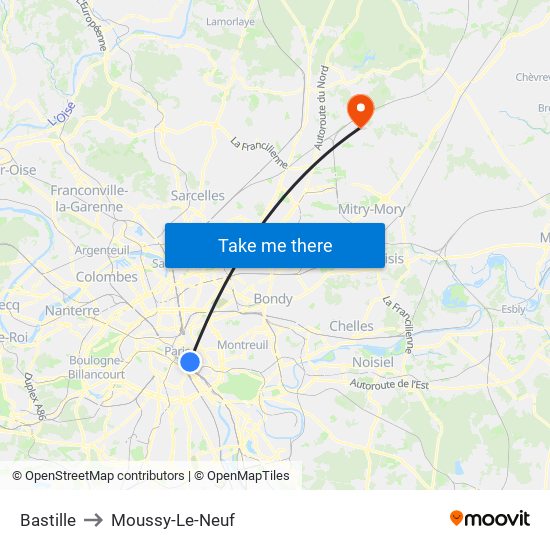 Bastille to Moussy-Le-Neuf map