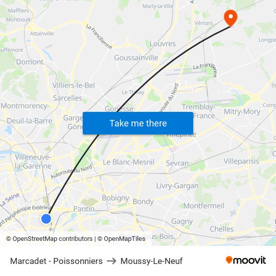 Marcadet - Poissonniers to Moussy-Le-Neuf map