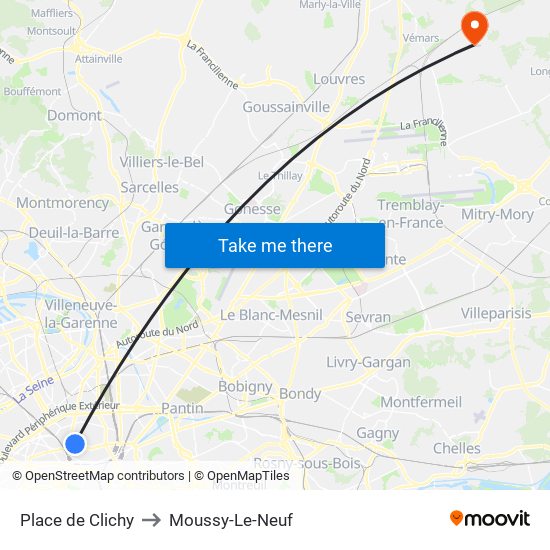 Place de Clichy to Moussy-Le-Neuf map