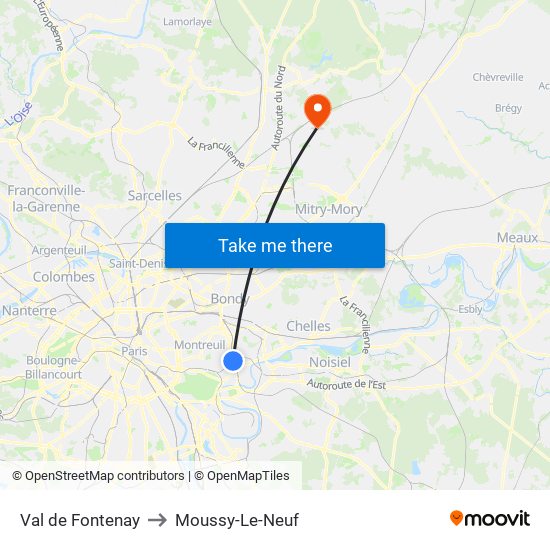 Val de Fontenay to Moussy-Le-Neuf map