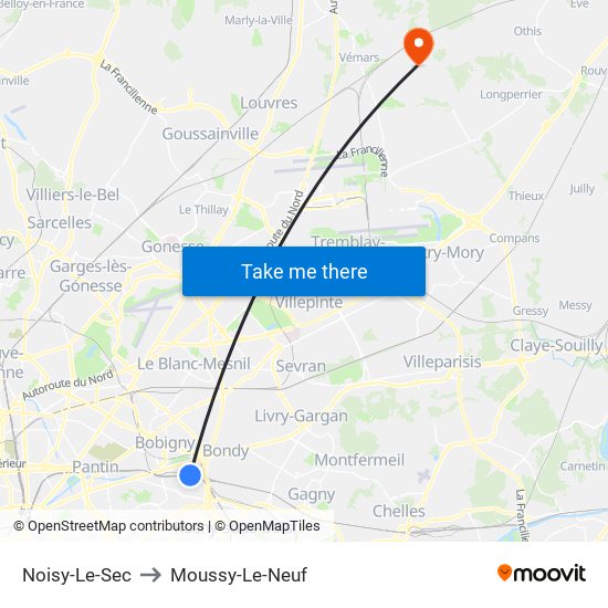 Noisy-Le-Sec to Moussy-Le-Neuf map